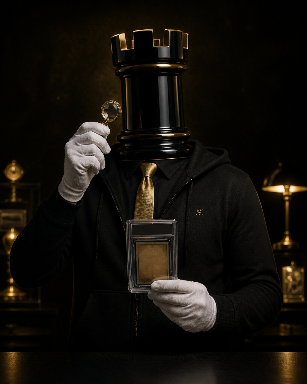 Rook, the anonymous collector character behind Going Once Collectibles — a matte black chess rook head, understated black tailoring, white collector gloves and a brass jeweler's loupe